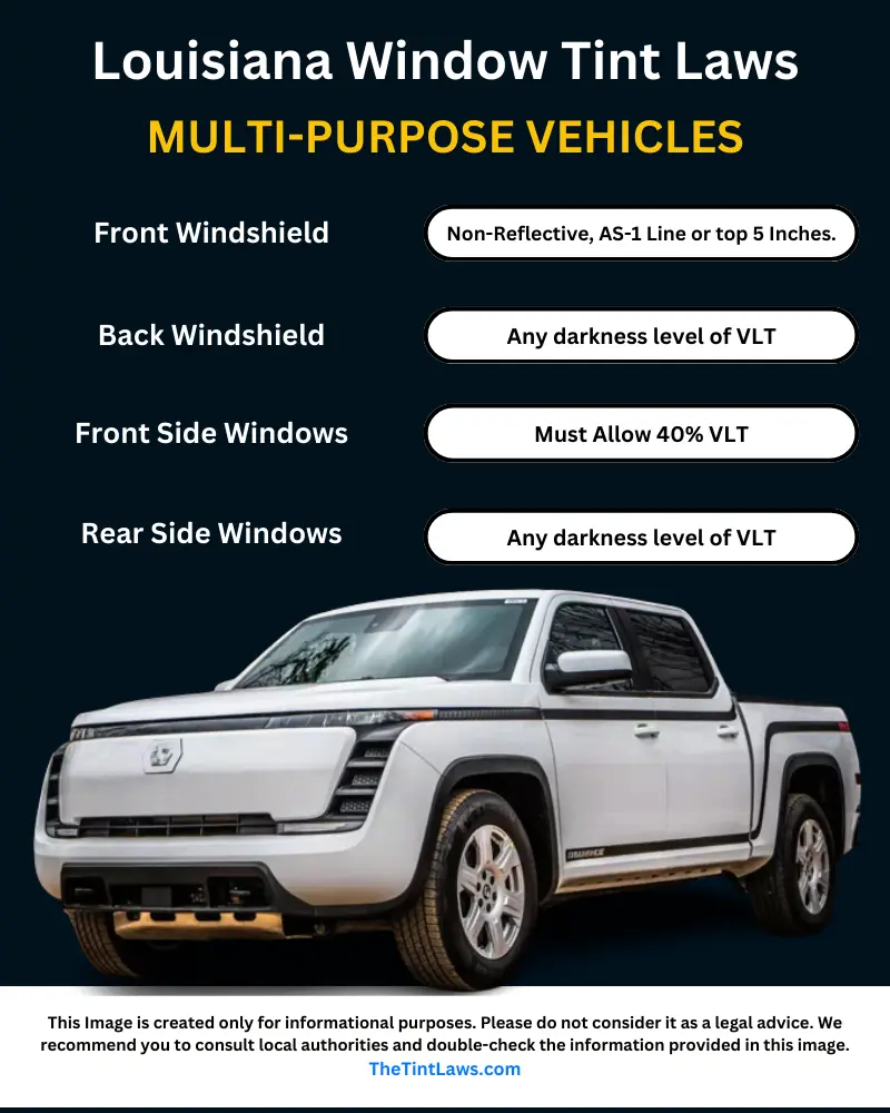 Louisiana tint laws 2024 for trucks, MPVs, SUVs. Legal tint percentage explained.