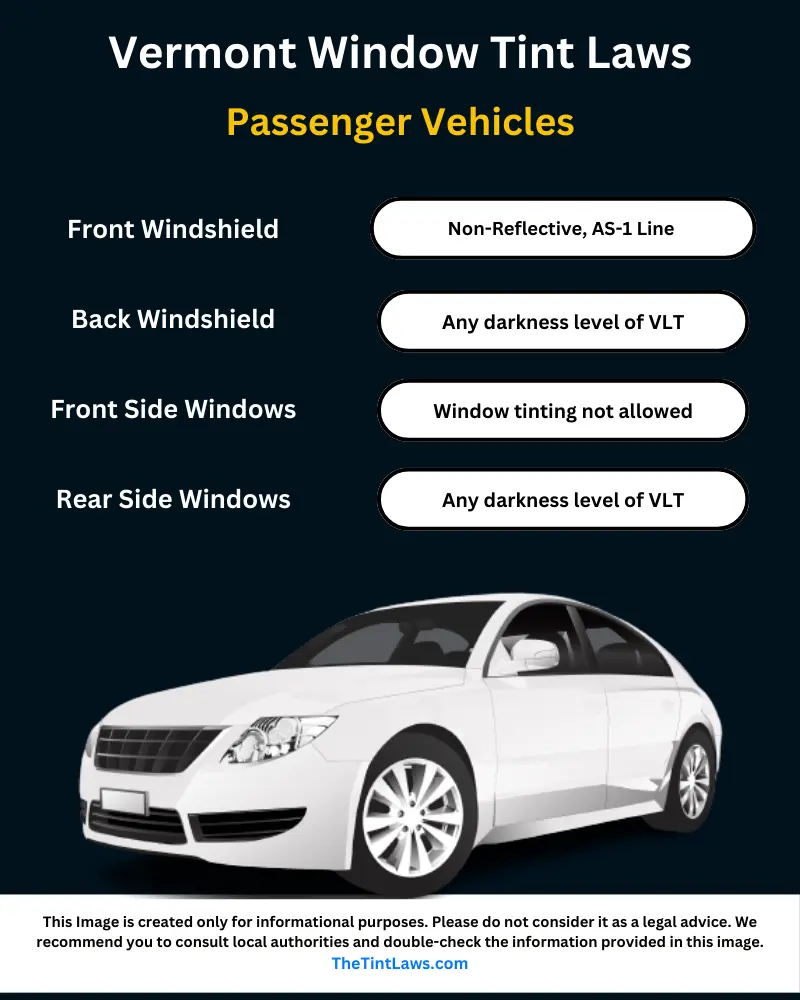 Vermont tint laws for sedans. Legal tint percentage explained.